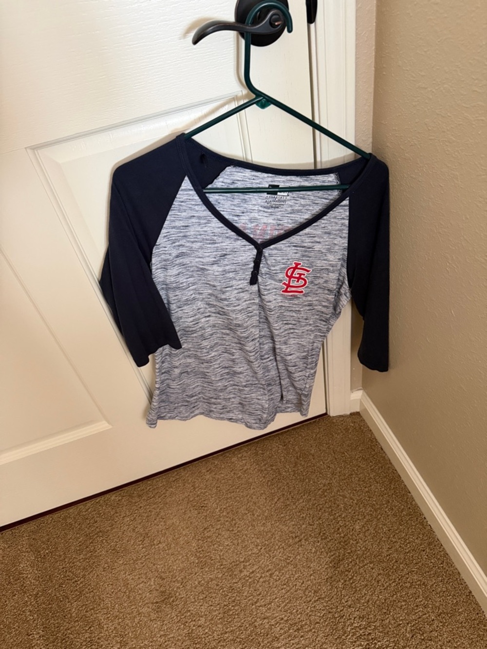 St. Louis Cardinals Raglan Henley Tee - Gray with Black Sleeves